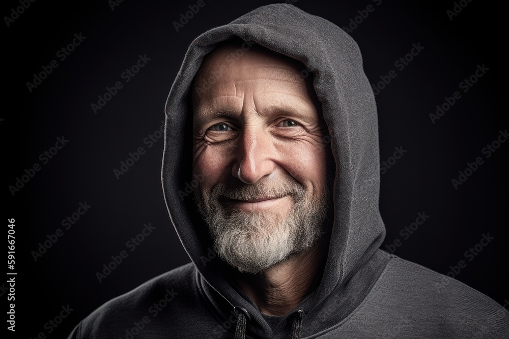 Portrait of a senior man with grey beard and mustache wearing hoodie over black background. Portrait of a senior man with grey beard and mustache wearing hoodie over black background.
