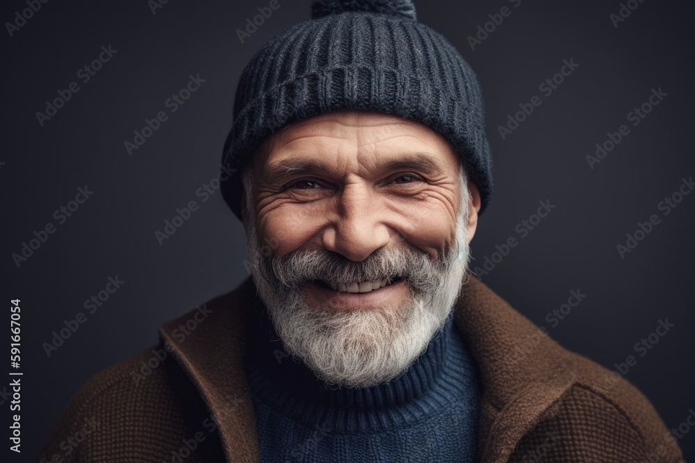 Portrait of a senior man with gray beard and mustache in a knitted hat and coat. Portrait of a senior man with gray beard and mustache in a knitted hat and coat.