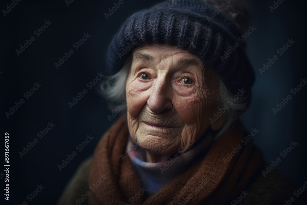 Portrait of an elderly woman in a warm hat and scarf. Portrait of an elderly woman in a warm hat and scarf.