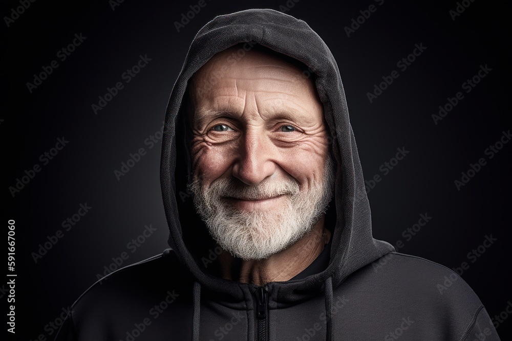 Portrait of an old man in a black hood on a dark background. Portrait of an old man in a black hood on a dark background.
