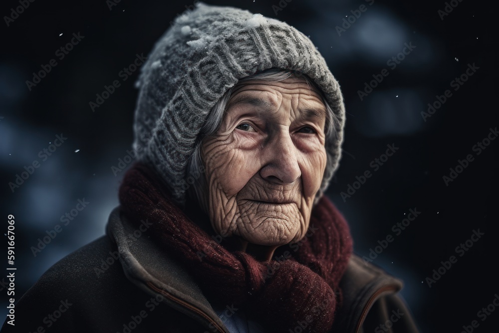 Portrait of an elderly woman in winter clothes. Selective focus. Portrait of an elderly woman in winter clothes. Selective focus.