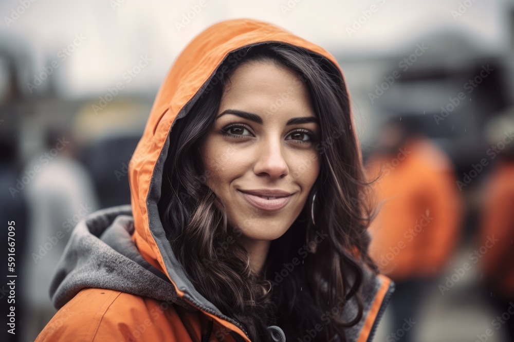 Close-up portrait photography of a pleased woman in her 30s wearing a stylish hoodie against a construction site or work zone background. Generative AI Close-up portrait photography of a pleased woman in her 30s wearing a stylish hoodie against a construction site or work zone background. Generative AI