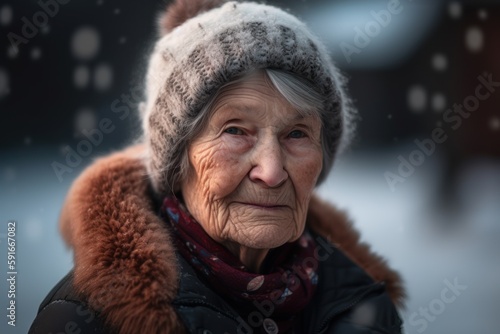 Portrait of an elderly woman in winter clothes on the street.