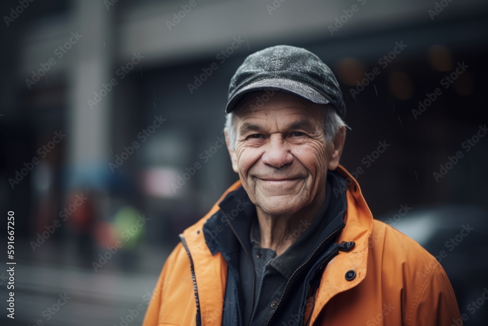 Portrait of an elderly man in an orange coat on the street Portrait of an elderly man in an orange coat on the street