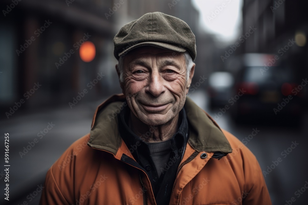 Portrait of an elderly man with a cap in the city. Portrait of an elderly man with a cap in the city.