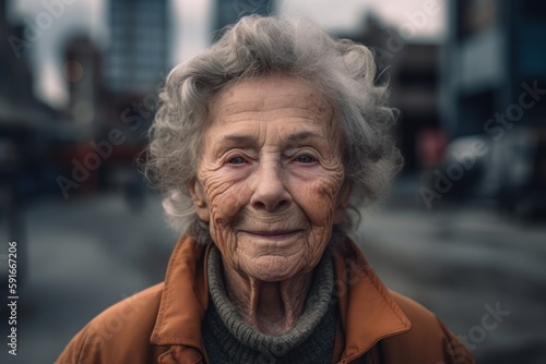 Portrait of an elderly woman with grey hair in the city.