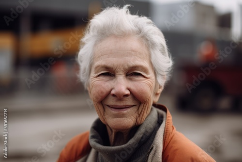 Portrait of an elderly woman on a background of a construction site