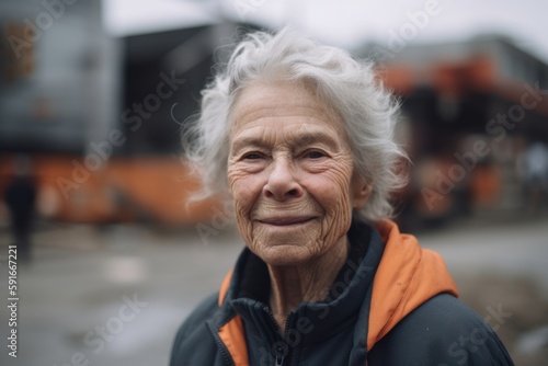Portrait of an elderly woman with gray hair in an orange jacket © Robert MEYNER
