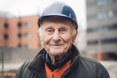 Portrait of an elderly man in a helmet on a construction site