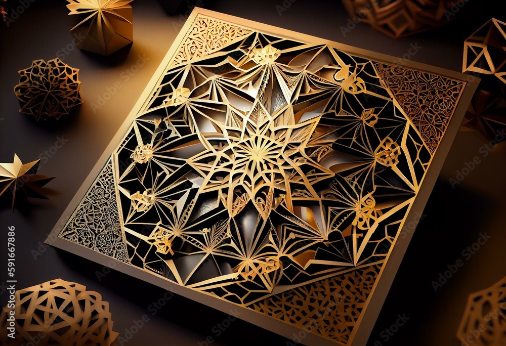 Greeting card with intricate Arabic paper graphic of Islamic geometric art. Ramadan Kareem is the name of the glorious month of Ramadan. Muslim community festival. 3d render window,. Generative AI Greeting card with intricate Arabic paper graphic of Islamic geometric art. Ramadan Kareem is the name of the glorious month of Ramadan. Muslim community festival. 3d render window,. Generative AI