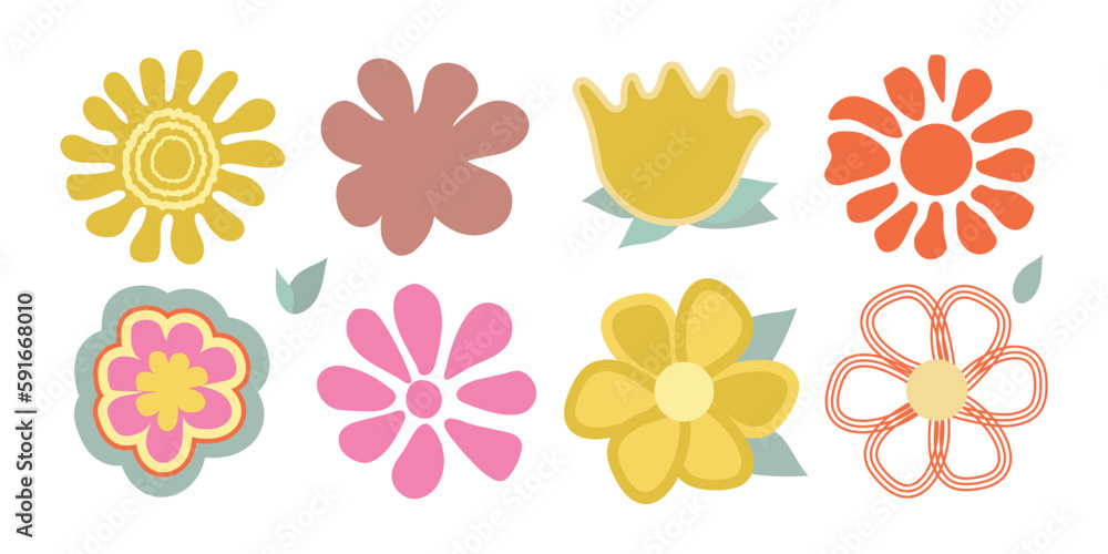  flowers in the style of the 70s groovy for creating patterns for backgrounds and cards. Vector illustration