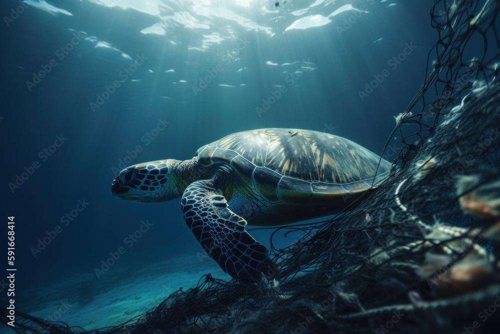 A turtle navigates a sea of plastic pollution, highlighting the impact of human activity on the natural world. The image is a call to action for environmental sustainability. AI Generative.
