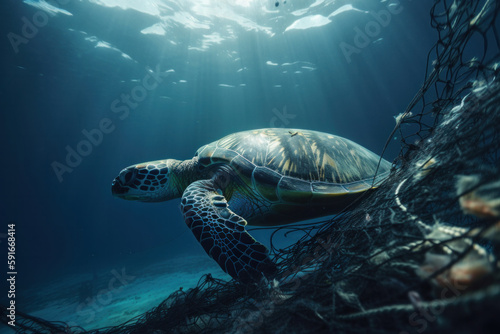 A turtle navigates a sea of plastic pollution  highlighting the impact of human activity on the natural world. The image is a call to action for environmental sustainability. AI Generative.
