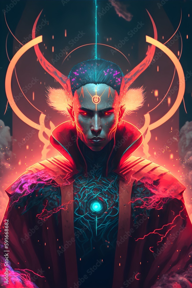 a futuristic male celestialpunk monk red robes made out of water blade