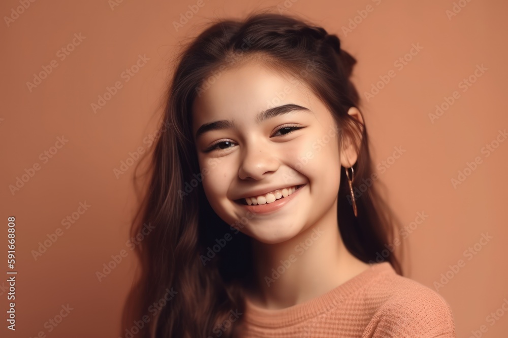 Cute girl smiling on the pastel background. Generative AI Cute girl smiling on the pastel background. Generative AI