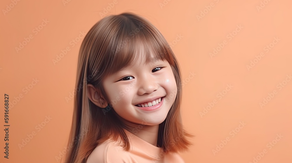 Cute girl smiling on the pastel background. Generative AI Cute girl smiling on the pastel background. Generative AI