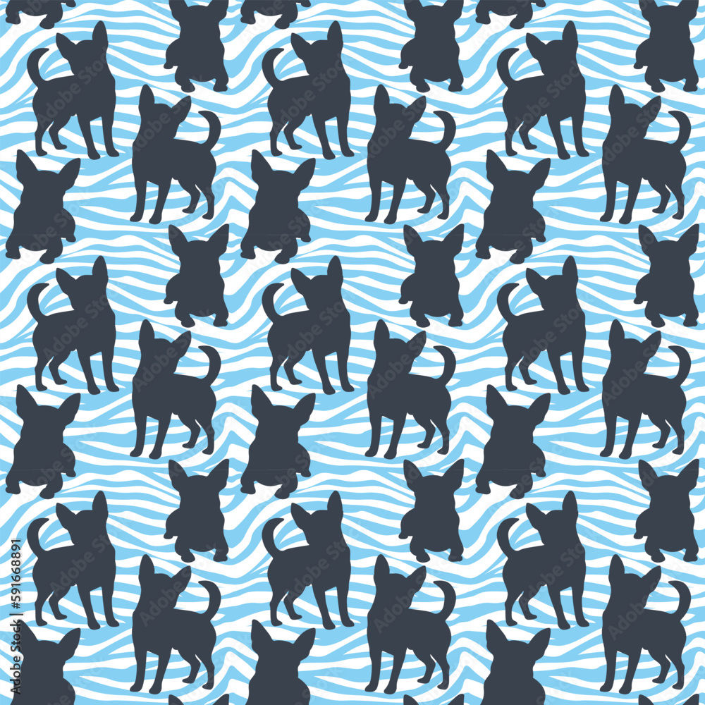 Dog silhouettes pattern fabric. Elegant, soft seamless background, abstract background with Chihuahua dog shapes for Dog Lovers. Blue and white creative zebra. Birthday present wrapping paper. Fresh