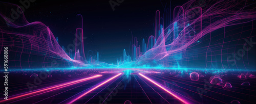 Wallpaper Mural 3d rendering, abstract virtual reality violet background, cyber space landscape . Neon wireframe terrain, generative ai Torontodigital.ca