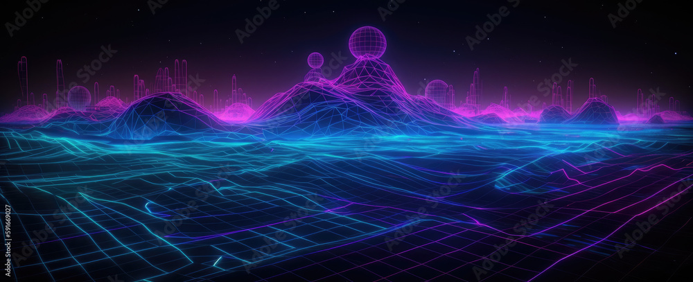 custom made wallpaper toronto digital3d rendering, abstract virtual reality violet background, cyber space landscape . Neon wireframe terrain, generative ai