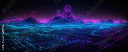 Wallpaper Mural 3d rendering, abstract virtual reality violet background, cyber space landscape . Neon wireframe terrain, generative ai Torontodigital.ca