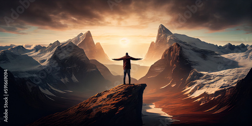 The concept of success. Silhouette of a man with his hands raised up, standing on top of a snow-covered mountain in the rays of the rising sun. Generative AI