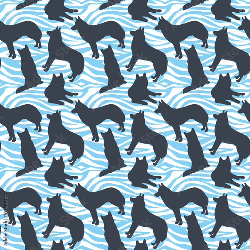 Dog silhouettes pattern fabric. Elegant, soft seamless background, abstract background with husky dog shapes for Dog Lovers. Blue and white creative zebra. Birthday present wrapping paper. Sea motives