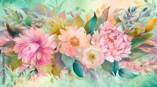 floral watercolor banner with green leaves and pink flowers. Generative AI Art Illustration