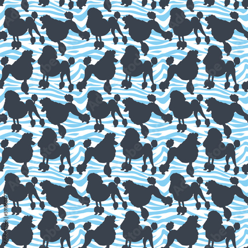 Dog silhouettes pattern fabric. Elegant, soft seamless background, abstract background with Poodle dog shapes for Dog Lovers. Blue and white creative zebra. Birthday present wrapping paper. Simple.