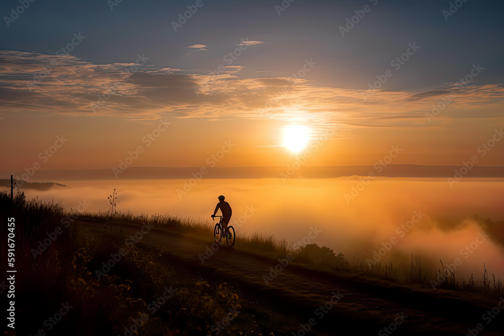Cyclist riding bicycle at sunset in fields outdoors, AI generative
