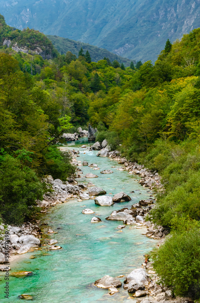 Beautiful turquoise Soca river valley in a forest with mountains in Slovenia. Perfect summer day.