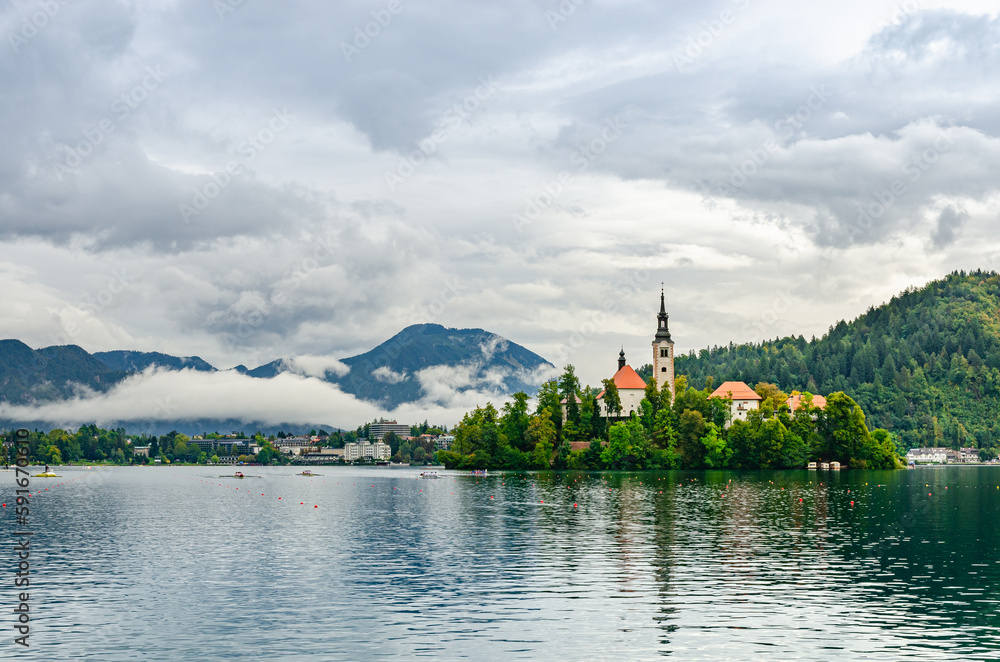 A church built on an island in the middle of the lake Bled in Slovenia. 