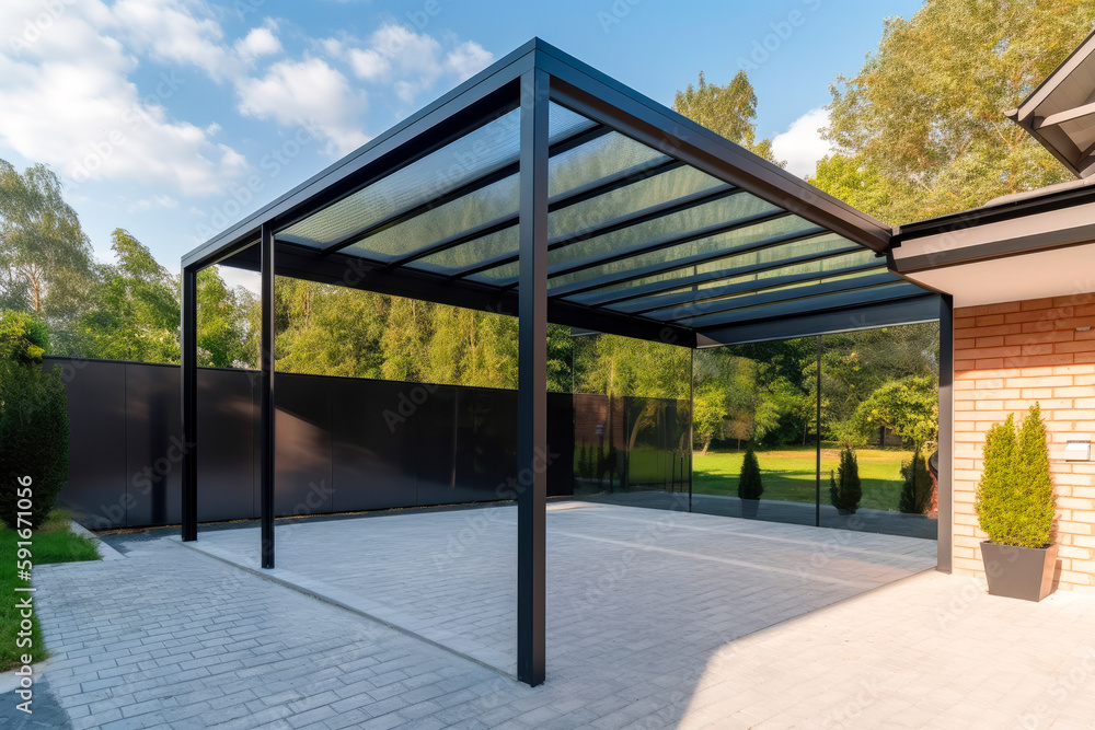 Modern steel carport in a family home. Modern house in the back. Generative ai. Modern steel carport in a family home. Modern house in the back. Generative ai.