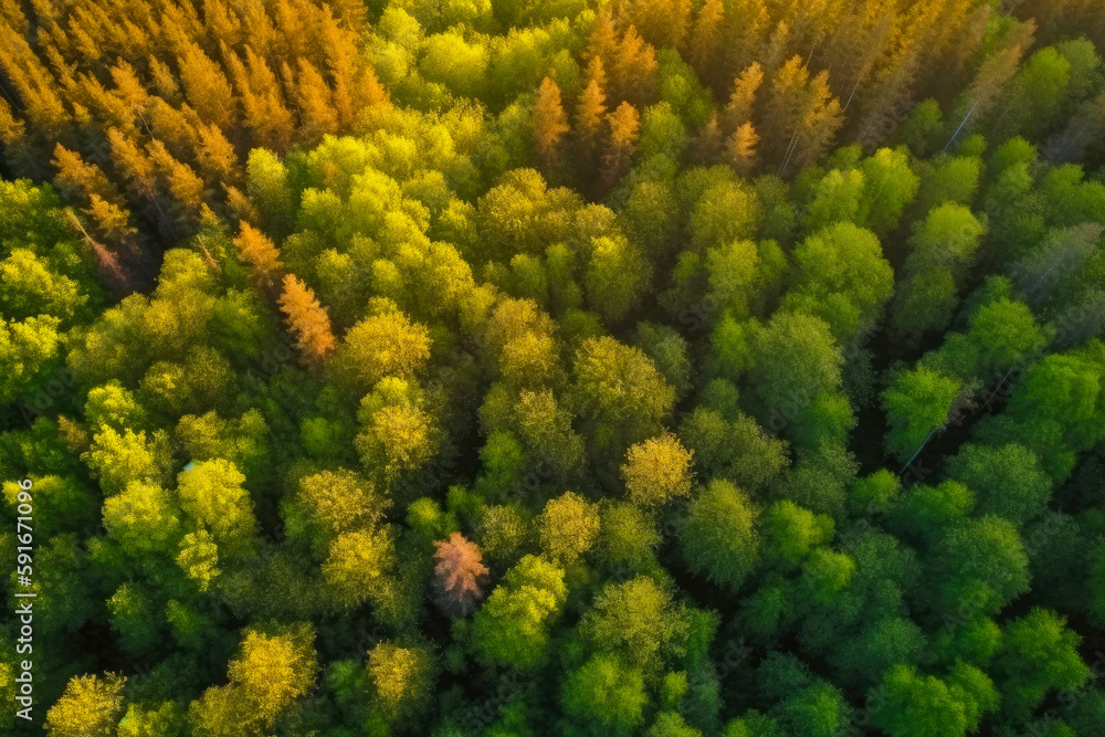 Naklejka premium Aerial view of green and orange forest. Changing foliage. Top view. Generative ai.