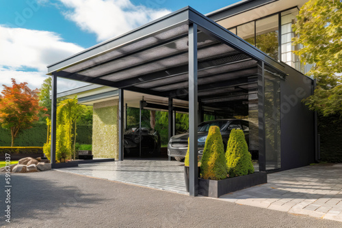 Modern steel carport in a family home. Modern house in the back. Generative ai.