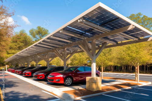 Modern solar carport for public vehicle parking site. Generative ai.