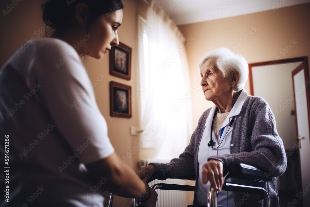 Life in a nursing home, elderly citizen and caregiver. Generative ai. Life in a nursing home, elderly citizen and caregiver. Generative ai.