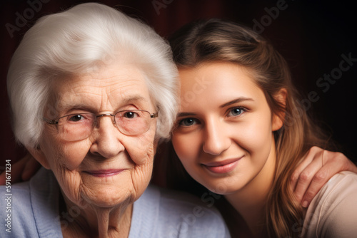 Portrait of senior woman and her caregiver. Generative ai.