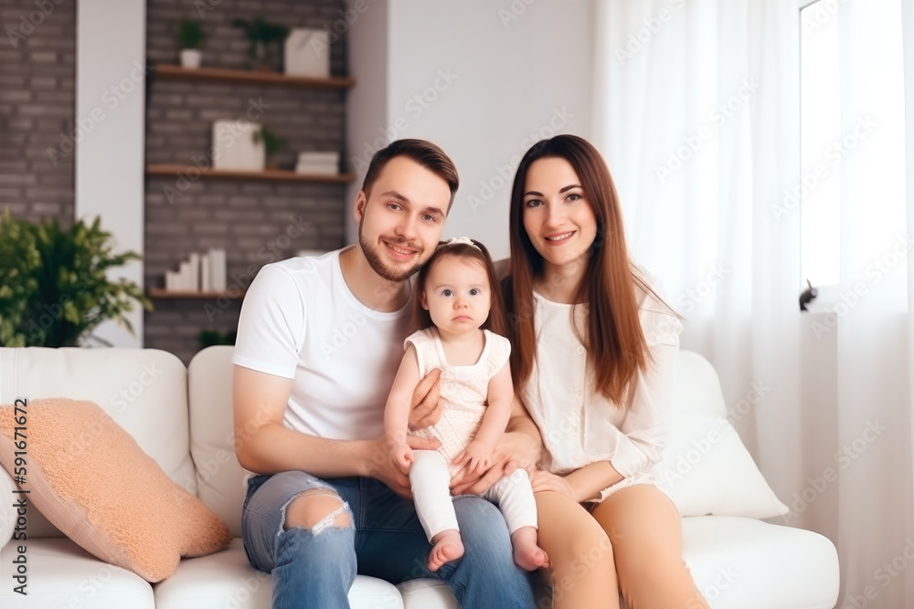 Family portrait, parents and one child all smiling. Generative ai.