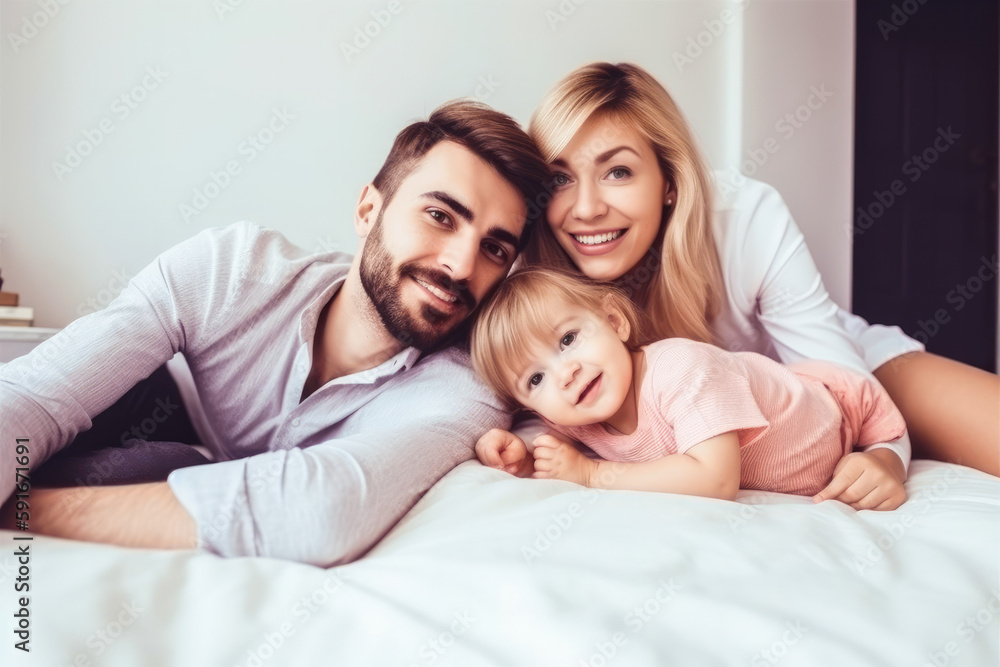 Family portrait, parents and one child all smiling. Generative ai. Family portrait, parents and one child all smiling. Generative ai.