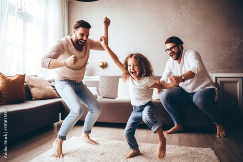 Happy family jumping in the air in their home. Playing together in the living room. Generative ai