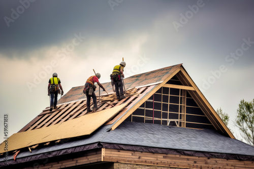 Construction workers installing roof on a modern house; sunset. Generative ai.