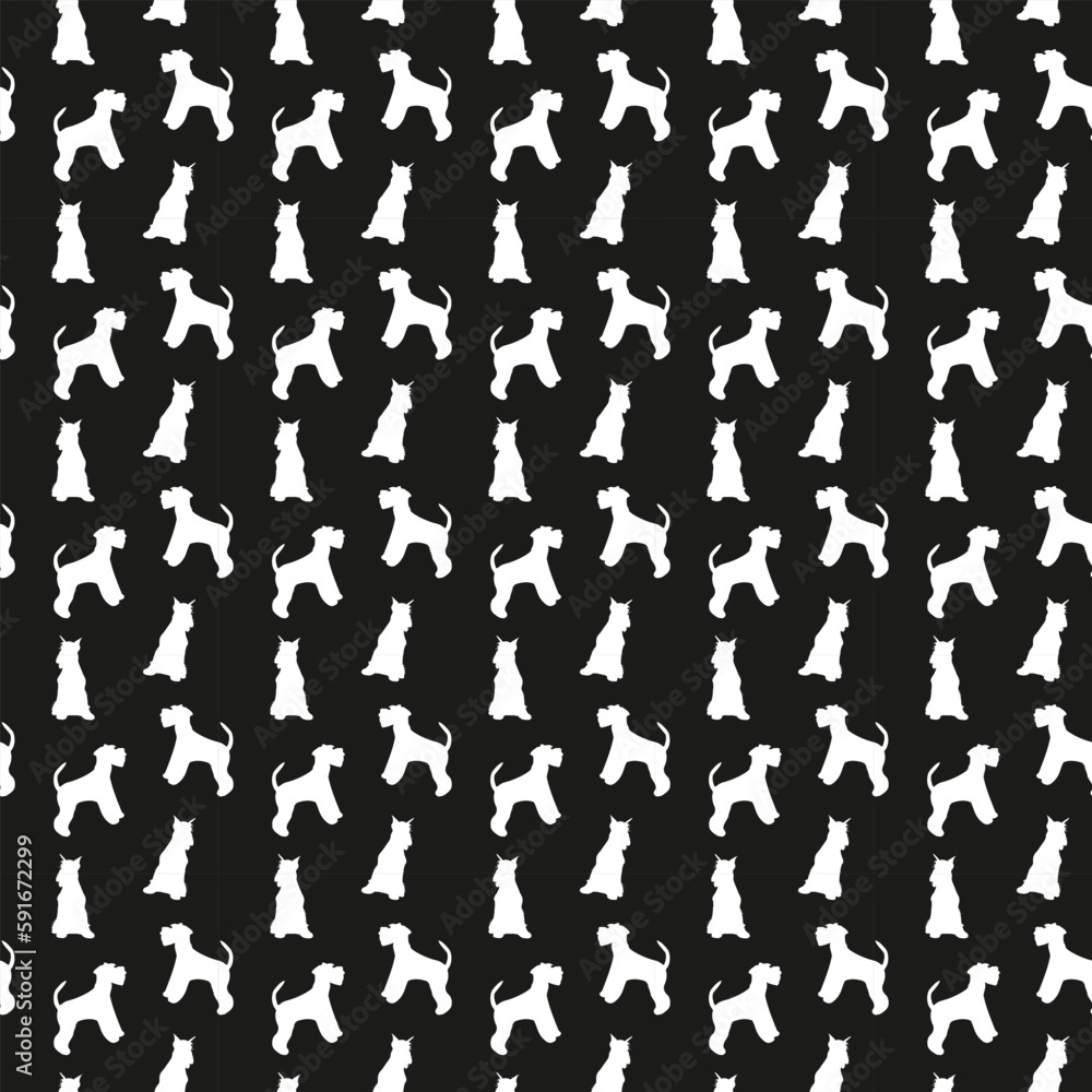 Dog silhouettes pattern fabric. Elegant, soft seamless background, abstract background with Miniature Schnauzer dog shapes for Dog Lovers. Black and white. Birthday present wrapping paper. Dog silhouettes pattern fabric. Elegant, soft seamless background, abstract background with Miniature Schnauzer dog shapes for Dog Lovers. Black and white. Birthday present wrapping paper.
