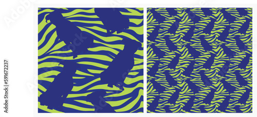 Dog silhouettes pattern fabric. Elegant, extravagant seamless background, abstract background with blue Pitbull dog shapes. Present for Dog Lovers. Green and yellow zebra. Birthday wrapping. Ethnic