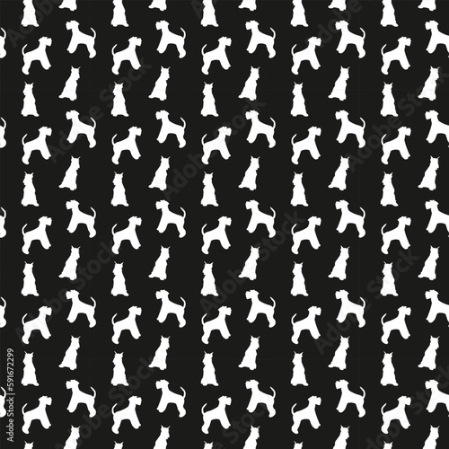 Dog silhouettes pattern fabric. Elegant, soft seamless background, abstract background with Miniature Schnauzer dog shapes for Dog Lovers. Black and white. Birthday present wrapping paper.