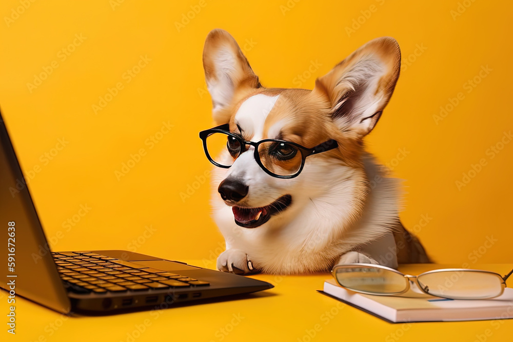 Intelligent corgi with glasses is working at a laptop on yellow background created with Generative AI Intelligent corgi with glasses is working at a laptop on yellow background created with Generative AI