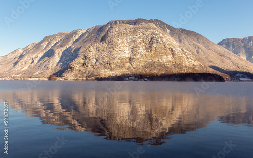 Hallstatt. Scenic view of the snow-capped mountains on a sunny morning.