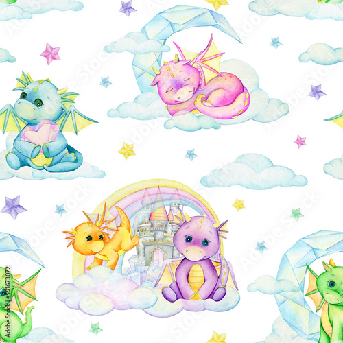 cute dragons of different colors, fairy castle, rainbow, clouds, crystals, stars, moon. Seamless pattern, cartoon style, painted in watercolor.