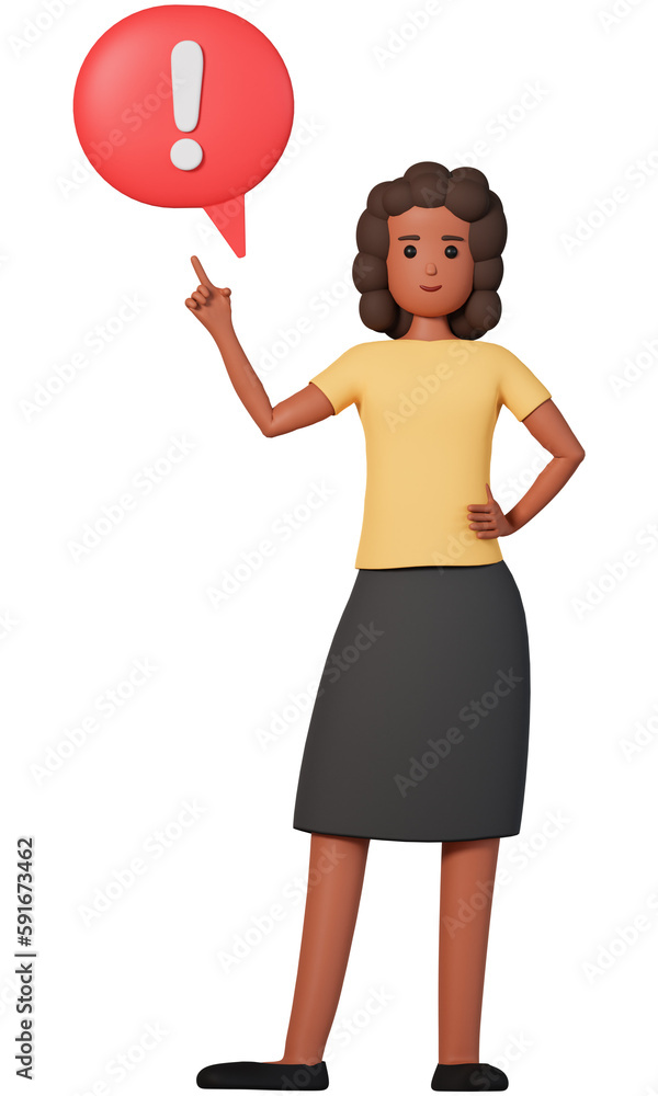 3d african american woman character pointing at exclamation mark in speech bubble. Warning concept with african woman showing exclamation mark in speech bubble 3d african american woman character pointing at exclamation mark in speech bubble. Warning concept with african woman showing exclamation mark in speech bubble