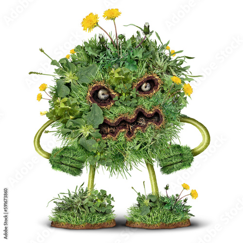 Lawn Weeds character and weed monster as dandelion with clover crab grass pest weeds problem as a symbol for herbicide use in the garden or gardening for lawn care and grubs destroying roots. photo