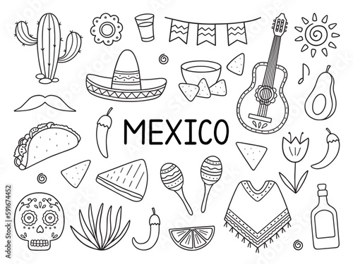 Mexico doodle set. Elements of mexican culture: maracas, poncho, cactus, taco, burrito in sketch style. Hand drawn vector illustration isolated on white background